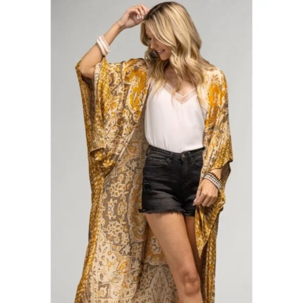SOLD OUT Mustard Mandala Bohemian Kimono Coverup Open Top Wrap One Size Boho - Picture 2 of 5